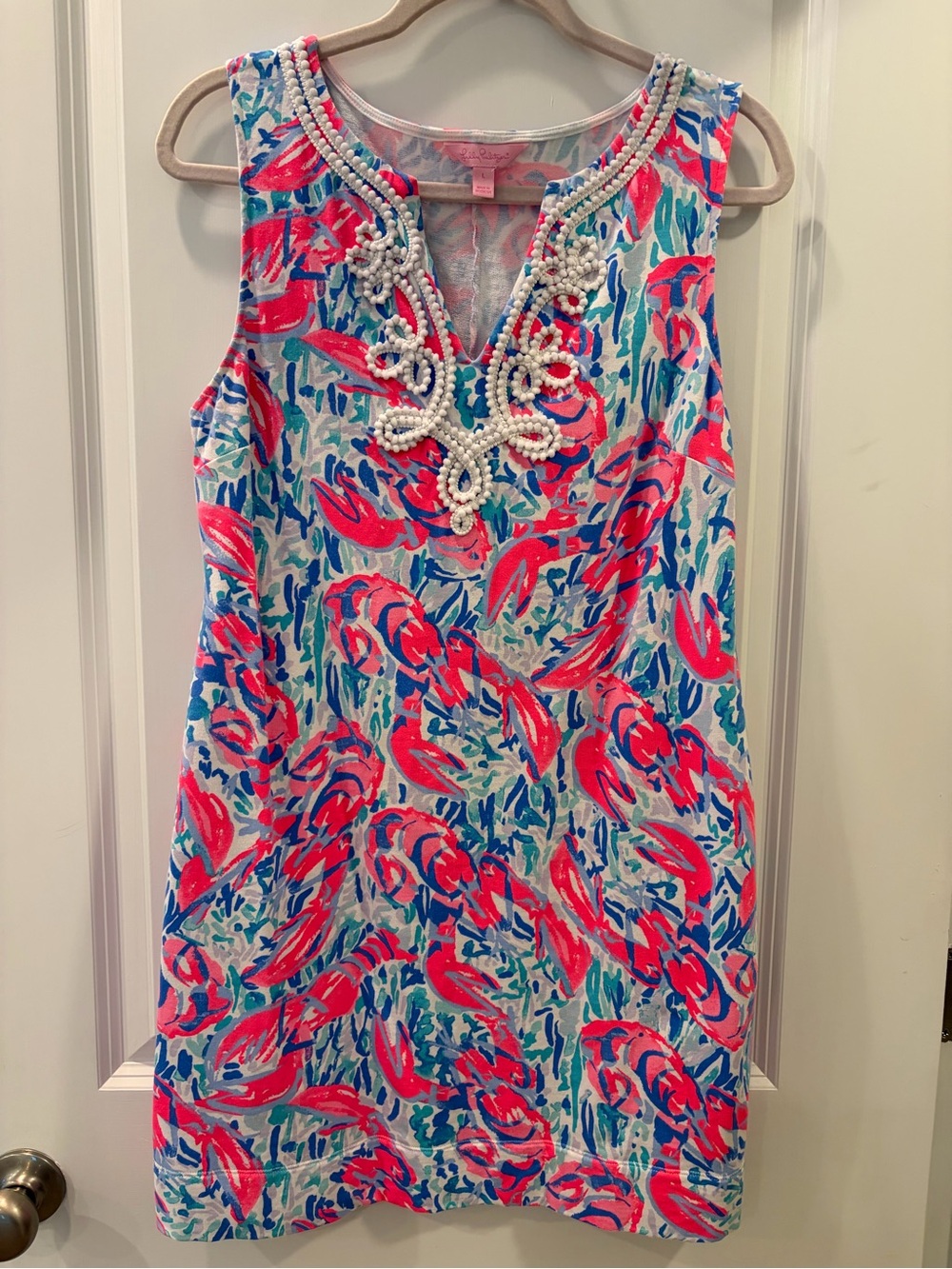 Lilly Pulitzer Sleeveless Mini Dress in Pink, Blue & White with Beaded V-Neck